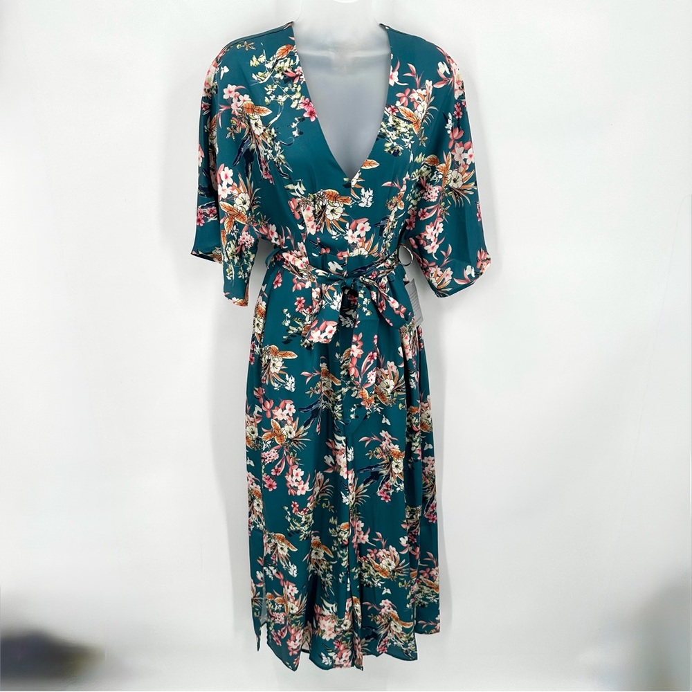 MAISIE JUMPSUIT Women’s S Teal Floral Satin Vneck Wide Crop Split Hem Leg Flowy